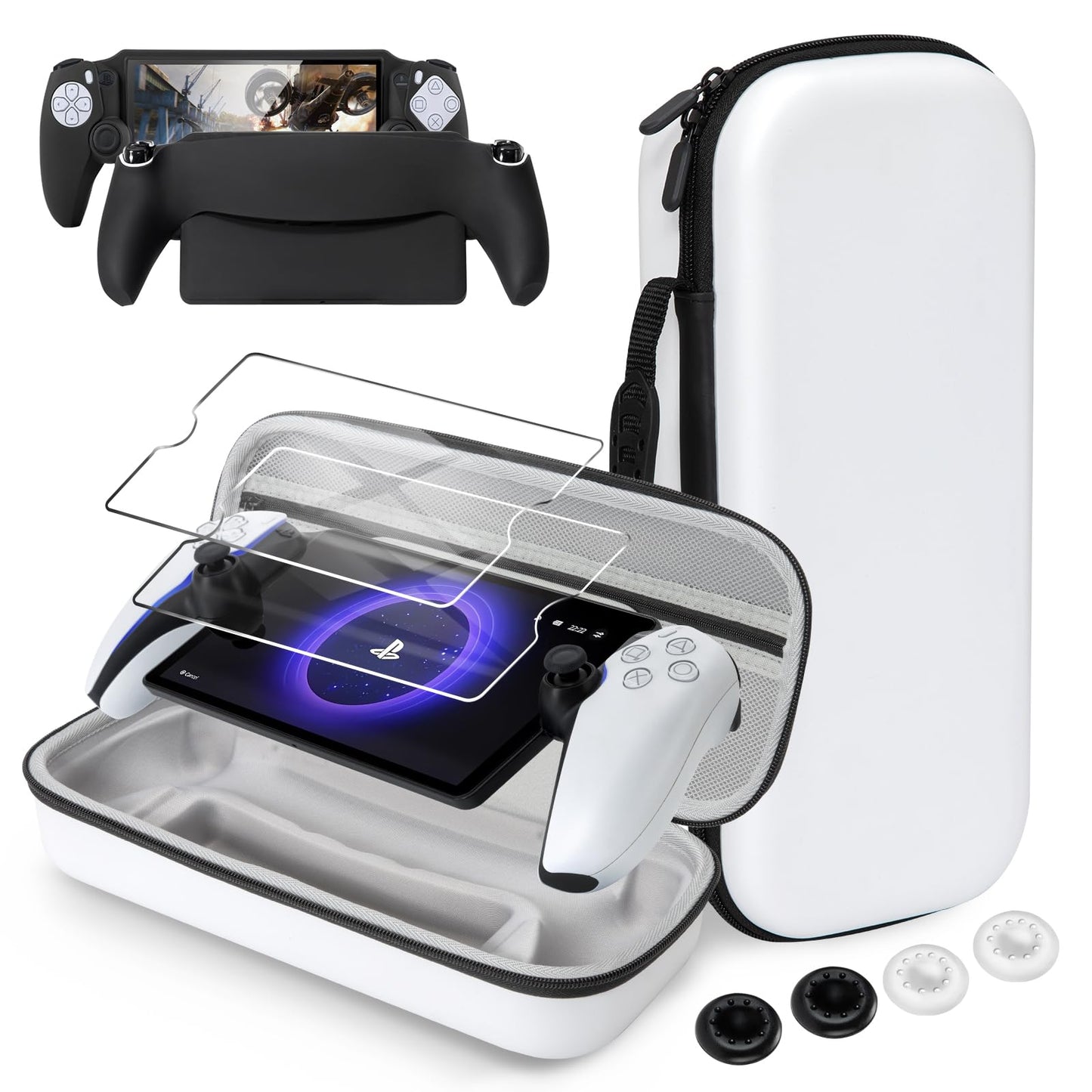 CoBak Hard Carrying Shell Case for PlayStation Portal Remote Player - with 2 Screen Protector, 1 Grip Case, 4 Thumb Grip Caps, Hard Outer Cover for PS5 Portal, Black