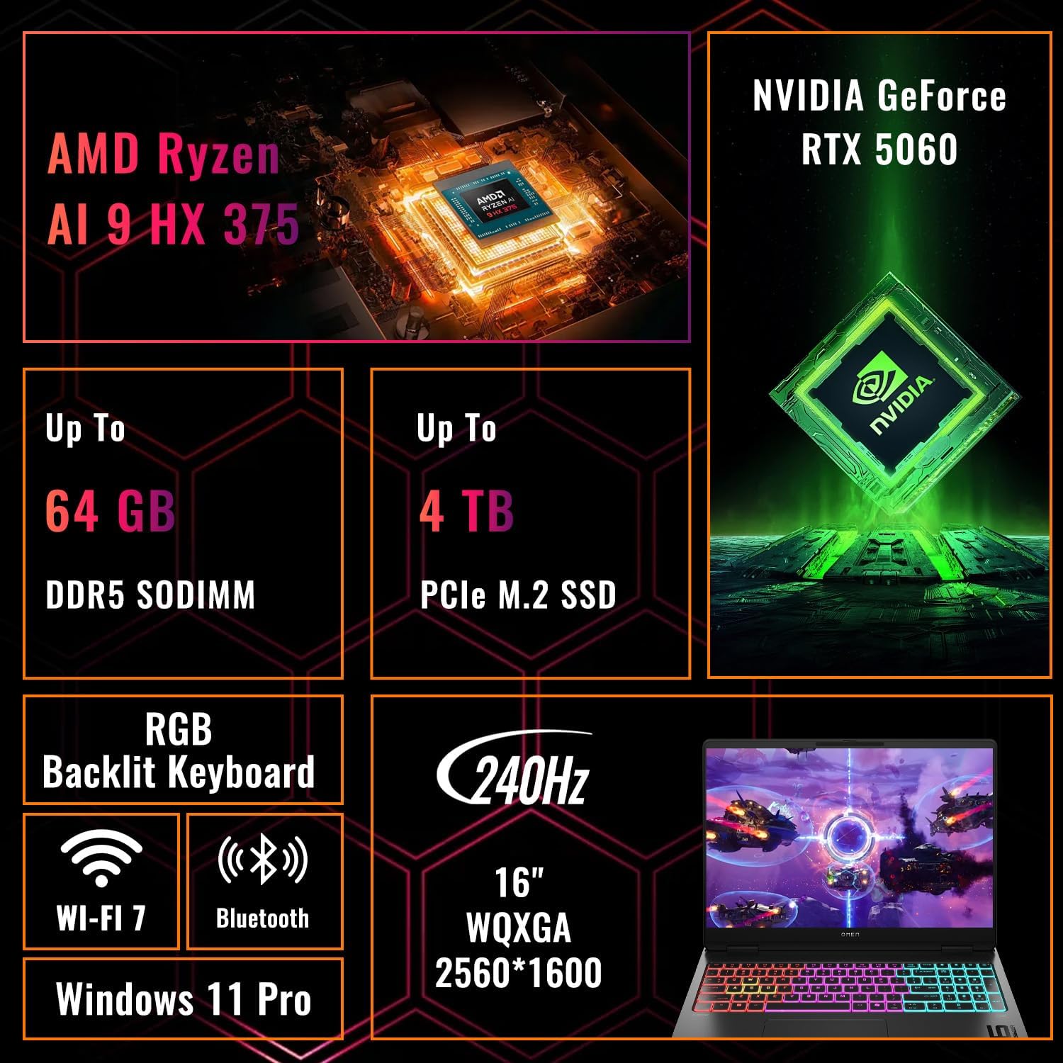 HP Omen MAX 16 RTX 5060 Pro Gaming Laptop, 16" WQXGA 240Hz, AMD Ryzen AI 9 HX 375(Beats Intel i9), NVIDIA RTX 5060, 16GB DDR5 RAM, 1TB SSD, RGB Keyboard, Wi-Fi 7, W11 P, Bundle with PCO Laptop Cooler