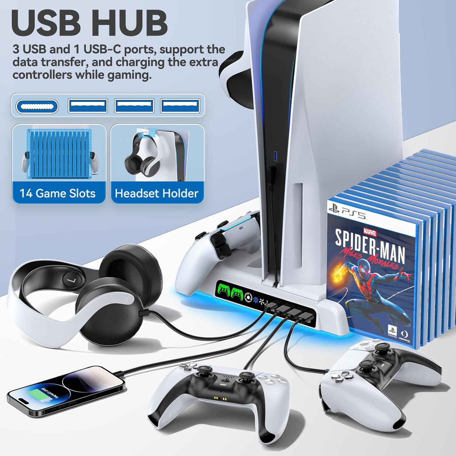 PS5/Slim/Pro Stand and Cooling Station with LED Controller Charging Station for PlayStation 5 Console, Controller Charger, Cooling Stand, PS5/Slim/Pro Accessories Kit with 3 Level Cooler Fan