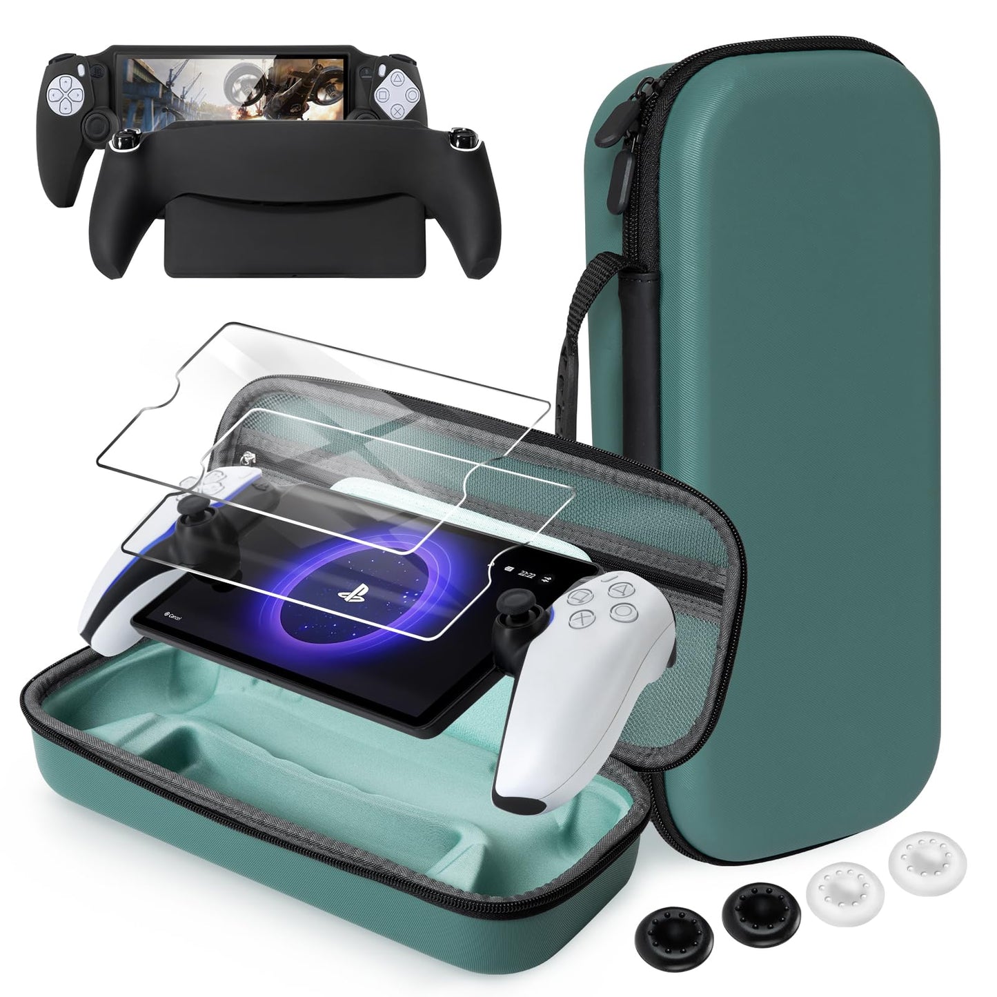 CoBak Hard Carrying Shell Case for PlayStation Portal Remote Player - with 2 Screen Protector, 1 Grip Case, 4 Thumb Grip Caps, Hard Outer Cover for PS5 Portal, Black