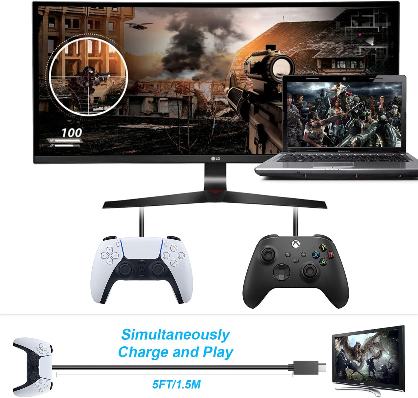 PS5 Controller Charger – 2 Pack 5FT OEM Original 3A Fast Charging Cable USB C to USB C Data Cord Wire Accessories for Playstation 5 DualSense, Xbox Series S X Core, Elite Series 2, Switch Controller