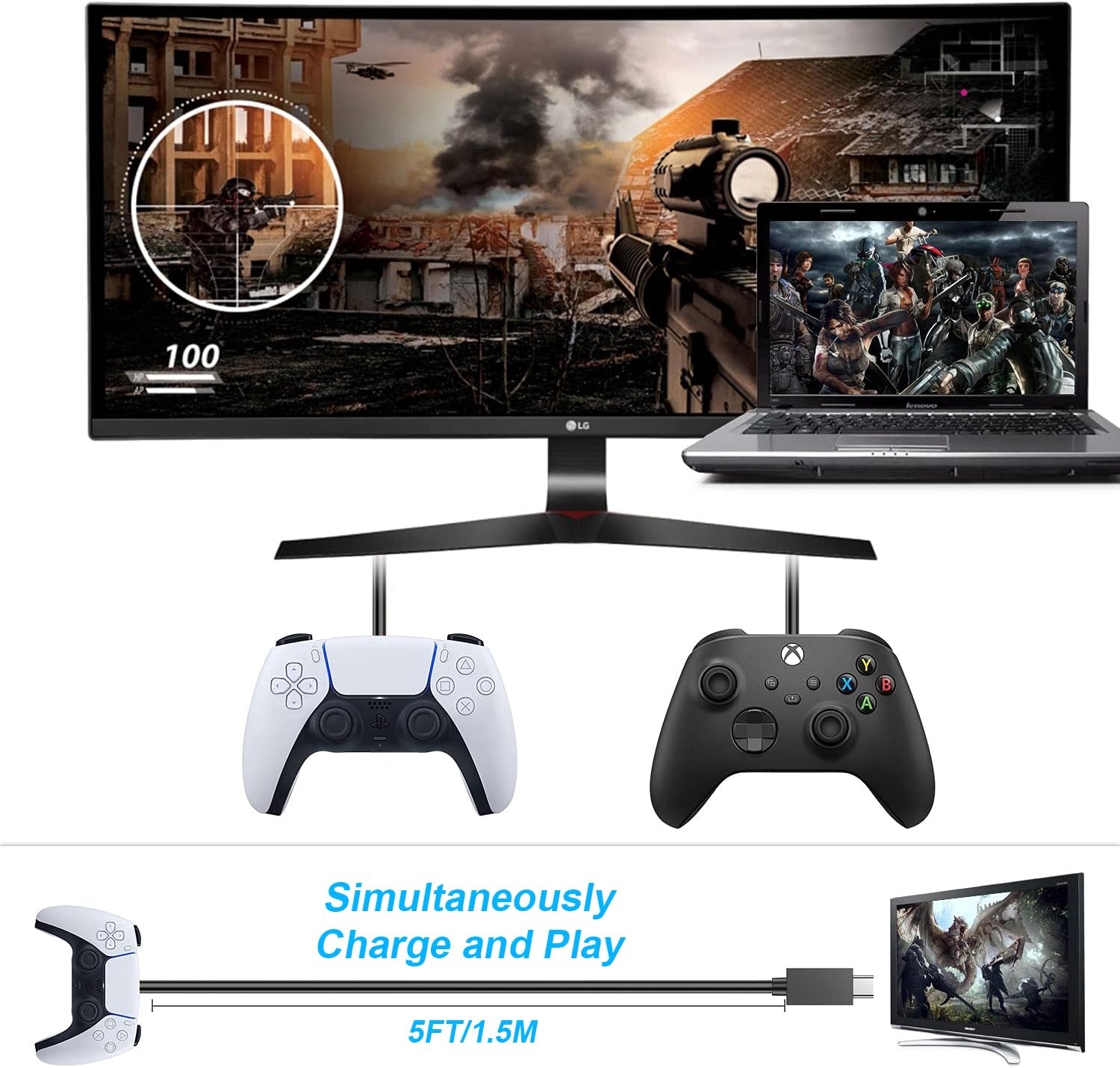 PS5 Controller Charger – 2 Pack 5FT OEM Original 3A Fast Charging Cable USB C to USB C Data Cord Wire Accessories for Playstation 5 DualSense, Xbox Series S X Core, Elite Series 2, Switch Controller