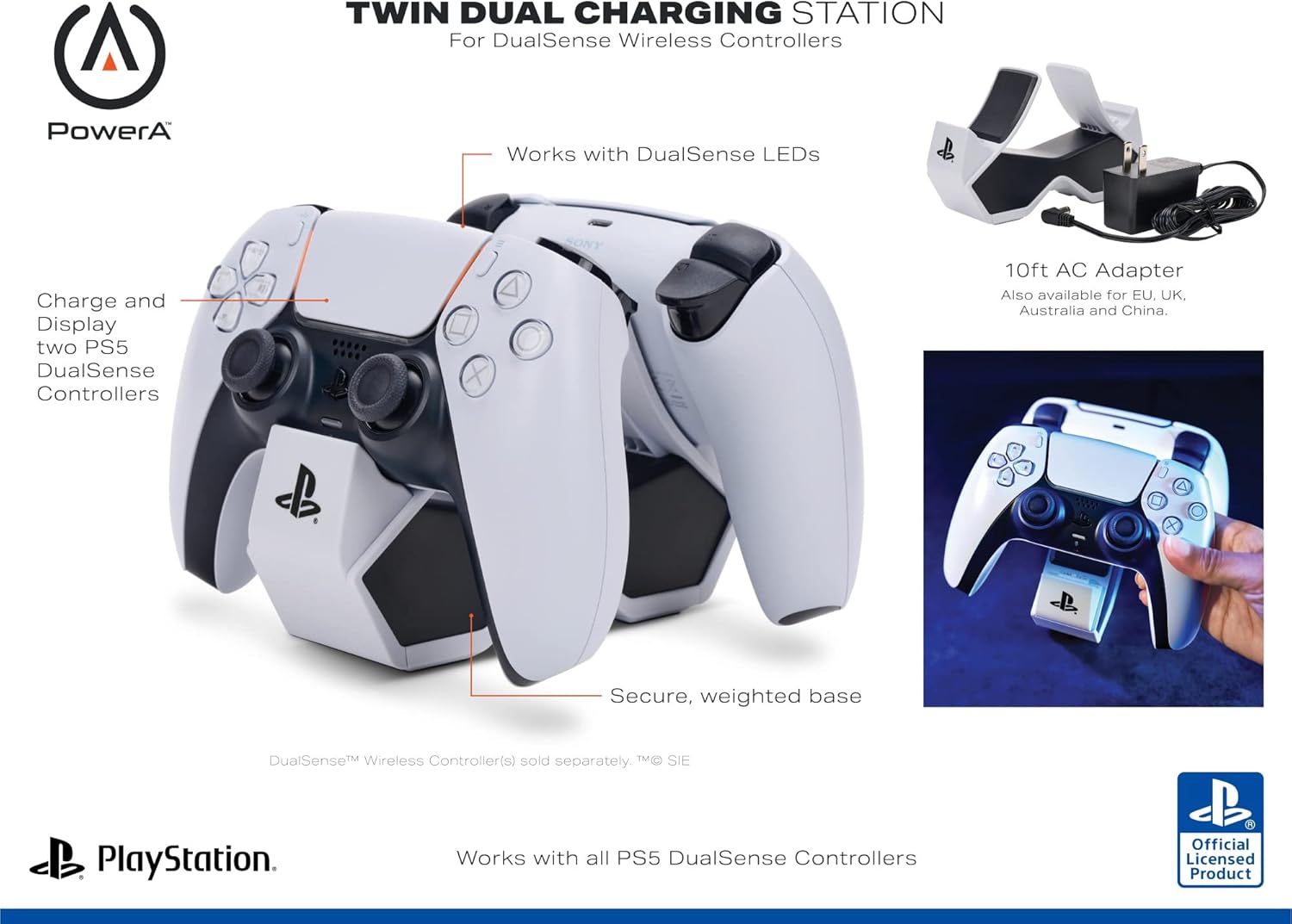 PowerA Twin Charging Station for Dualsense Wireless Controllers, Charge, Sony PlayStation, PS5, Officially Licensed