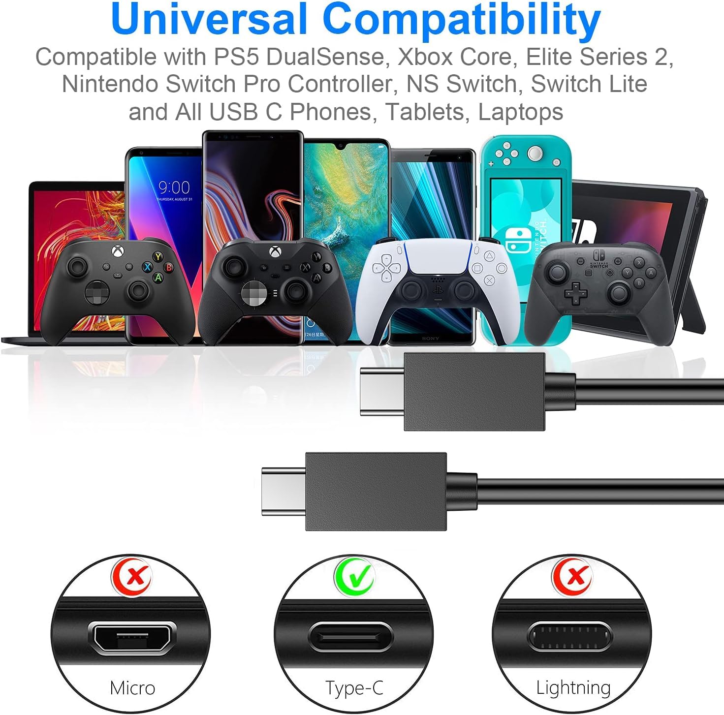 PS5 Controller Charger – 2 Pack 5FT OEM Original 3A Fast Charging Cable USB C to USB C Data Cord Wire Accessories for Playstation 5 DualSense, Xbox Series S X Core, Elite Series 2, Switch Controller