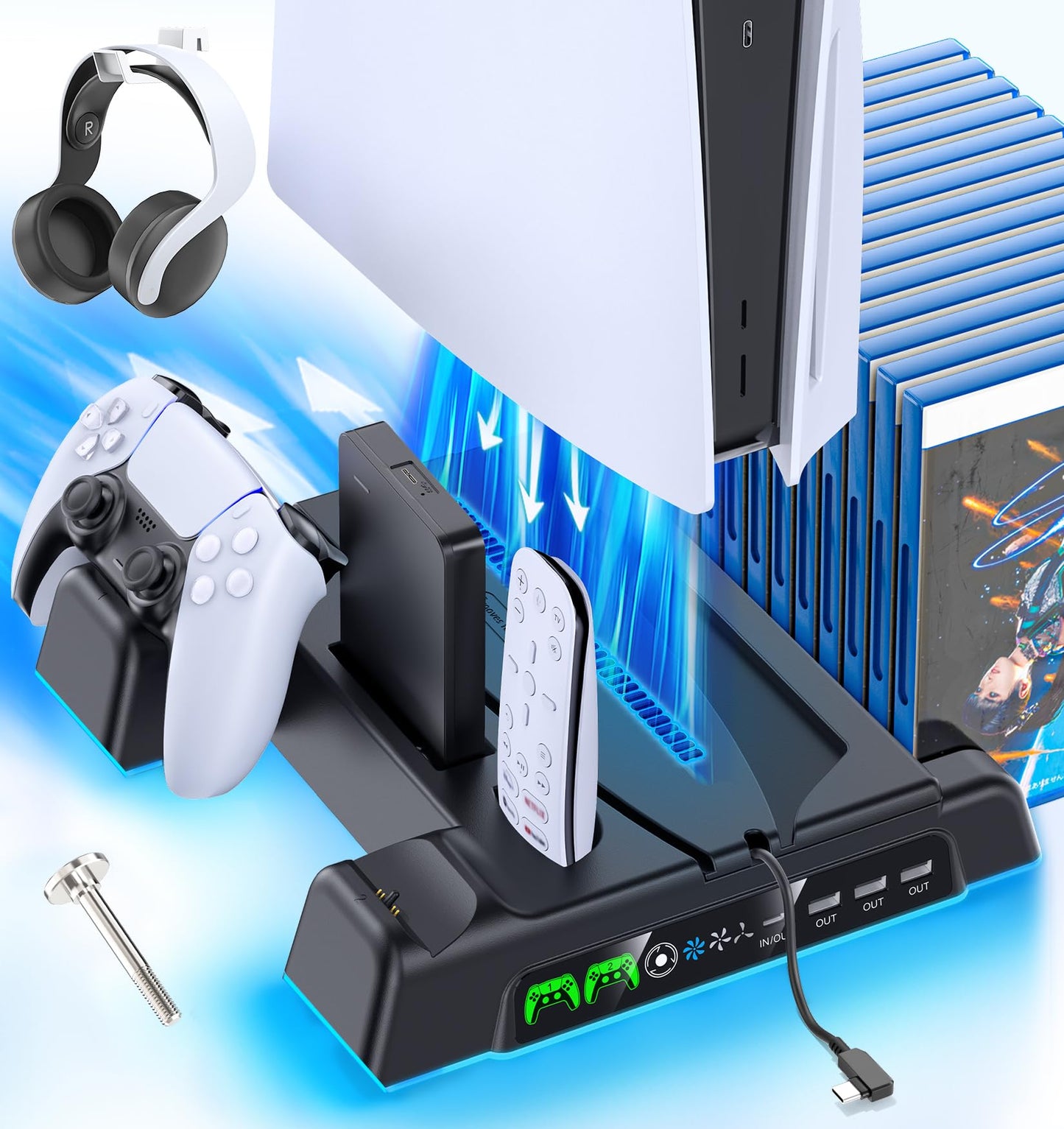 PS5/Slim/Pro Stand and Cooling Station with LED Controller Charging Station for PlayStation 5 Console, Controller Charger, Cooling Stand, PS5/Slim/Pro Accessories Kit with 3 Level Cooler Fan