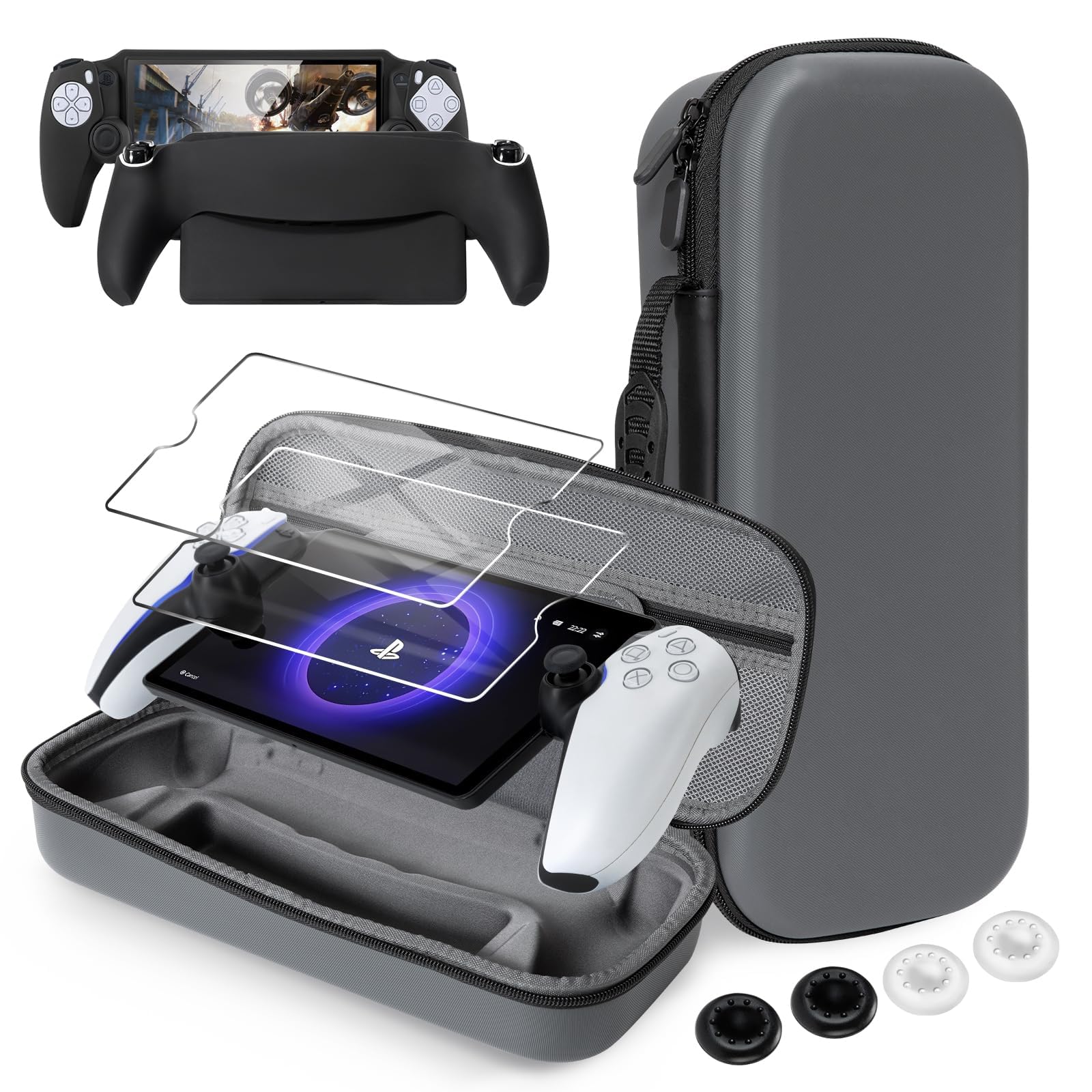 CoBak Hard Carrying Shell Case for PlayStation Portal Remote Player - with 2 Screen Protector, 1 Grip Case, 4 Thumb Grip Caps, Hard Outer Cover for PS5 Portal, Black