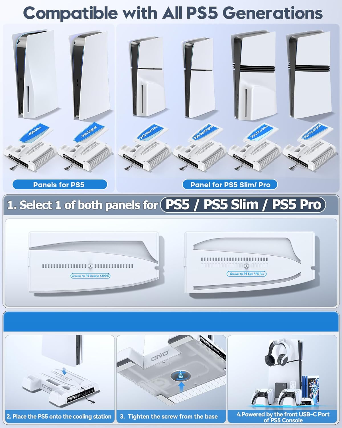 PS5/Slim/Pro Stand and Cooling Station with LED Controller Charging Station for PlayStation 5 Console, Controller Charger, Cooling Stand, PS5/Slim/Pro Accessories Kit with 3 Level Cooler Fan