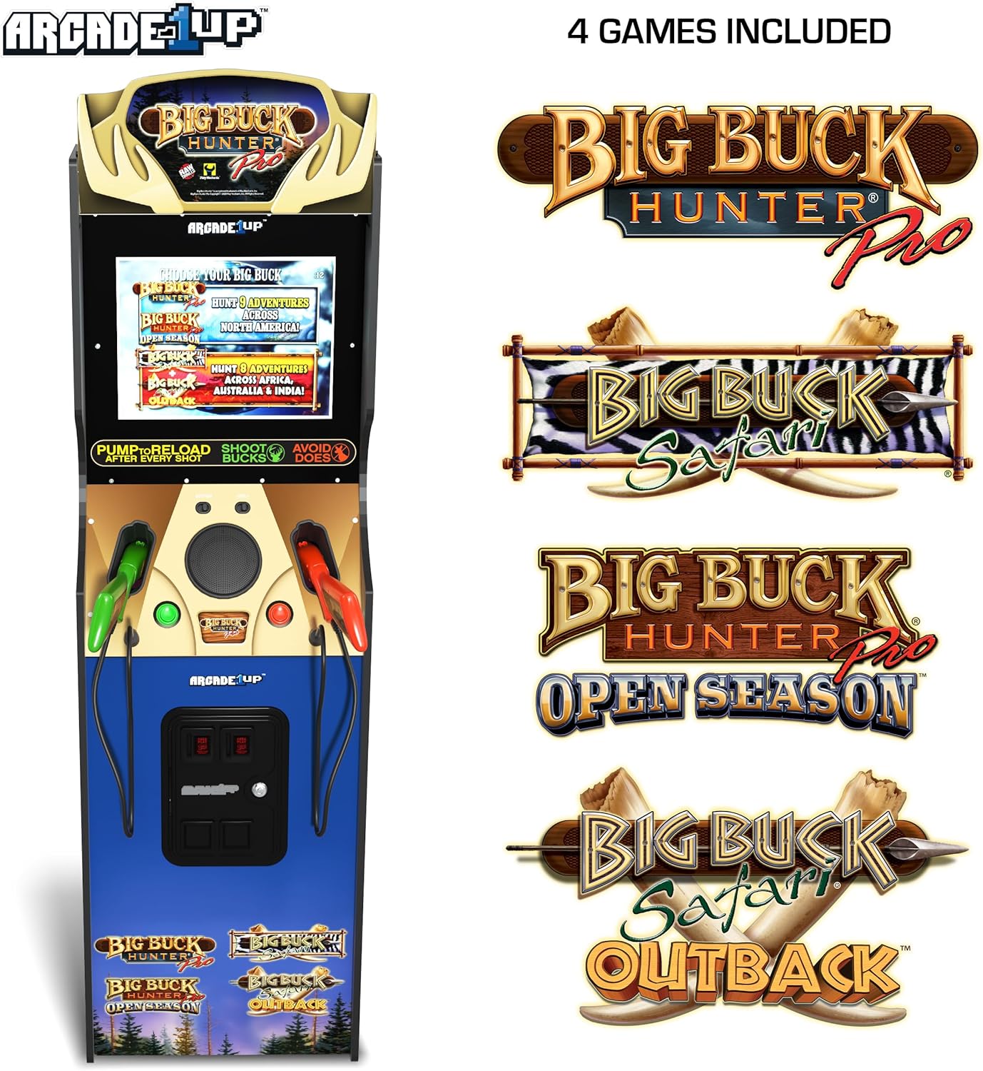 Arcade1Up Big Buck Hunter Pro Deluxe Arcade Machine for Home, 5-Foot-Tall Stand-up Cabinet, 4 Classic Games, and 17-inch Screen